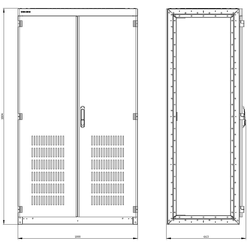 Technical drawing of a rectangular cupboard with dimensions 2000 mm height and 1000 mm width. Two hinged doors, one handle rail.