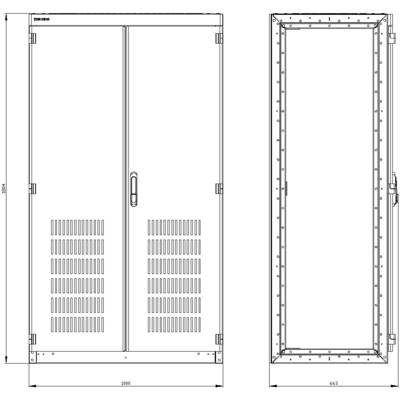 Technical drawing of a rectangular cupboard with dimensions 2000 mm height and 1000 mm width. Two hinged doors, one handle rail.