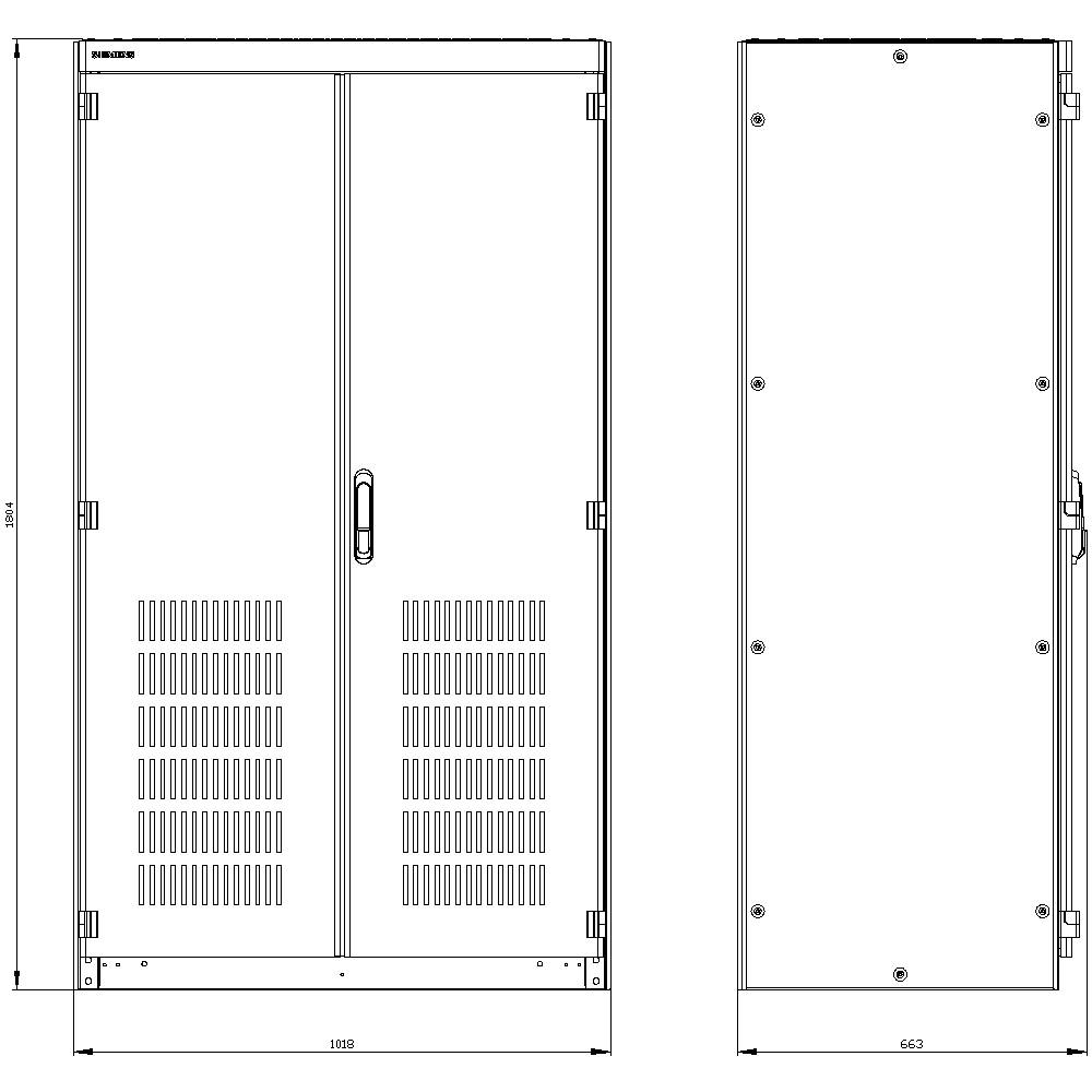 View of a metal cabinet with double doors and ventilation slots at the front. Dimensions: Height 1988 mm, Width 860 mm, Depth 662 mm.