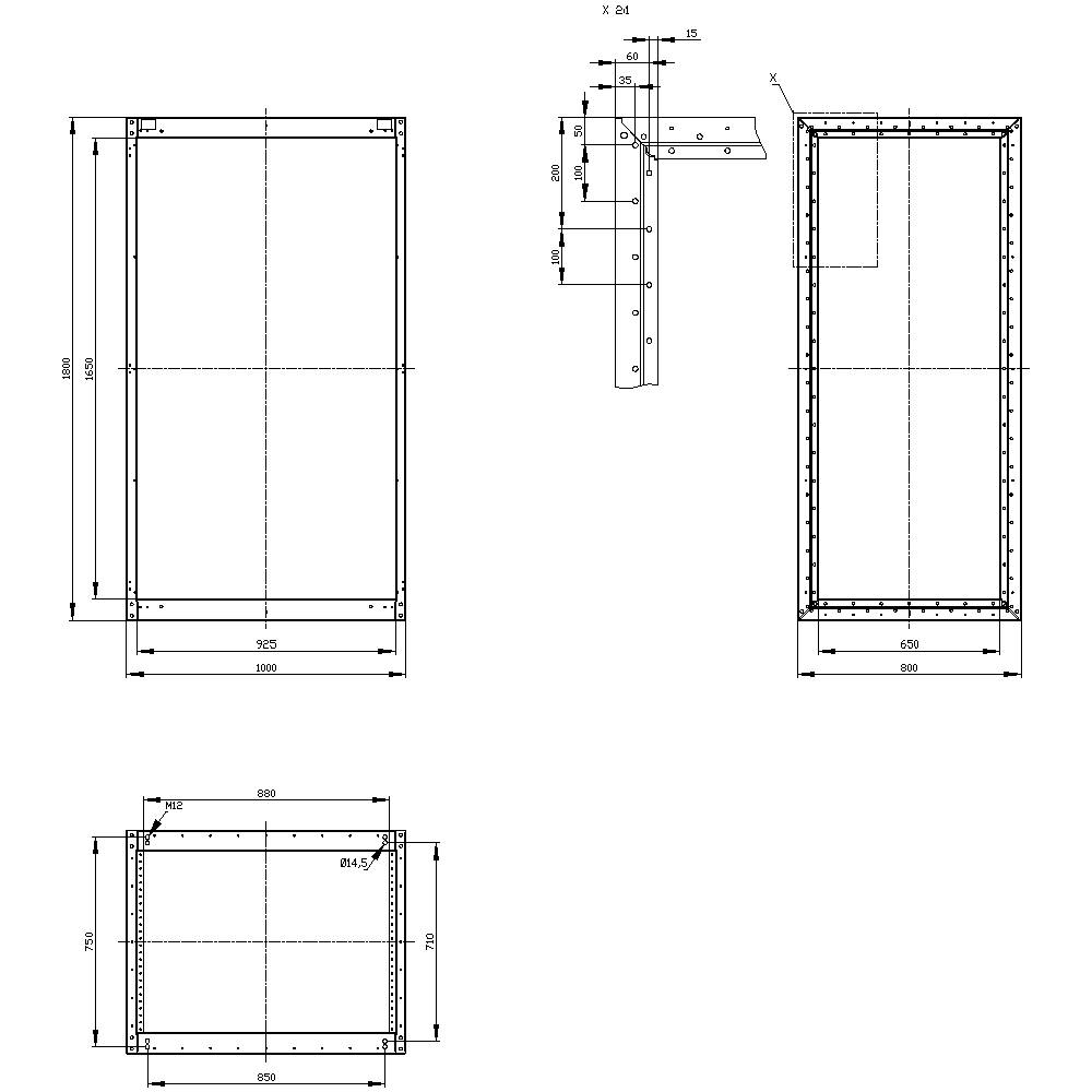 Technical drawing of a rectangular metal frame with dimensions in millimetres. Side and front views are shown.