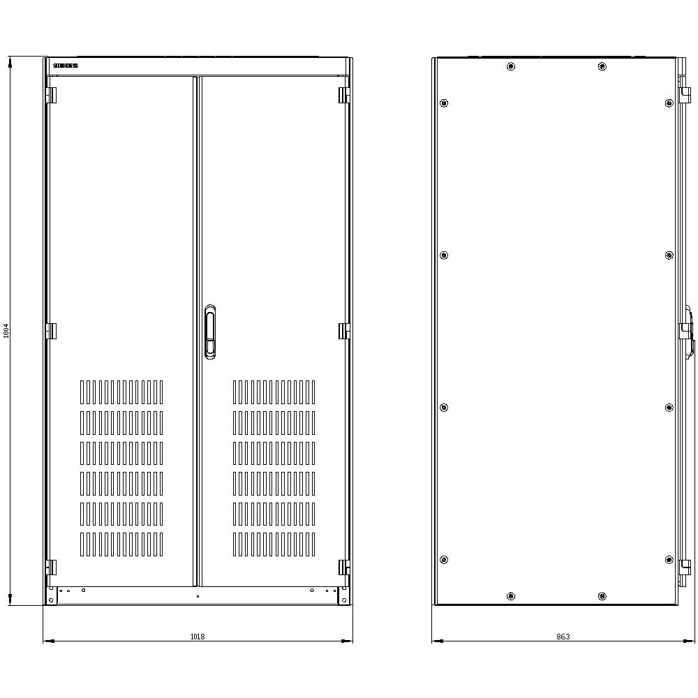 Technical drawing of a metal housing. Front and side view with dimensions: 1083 mm width and 2022 mm height.