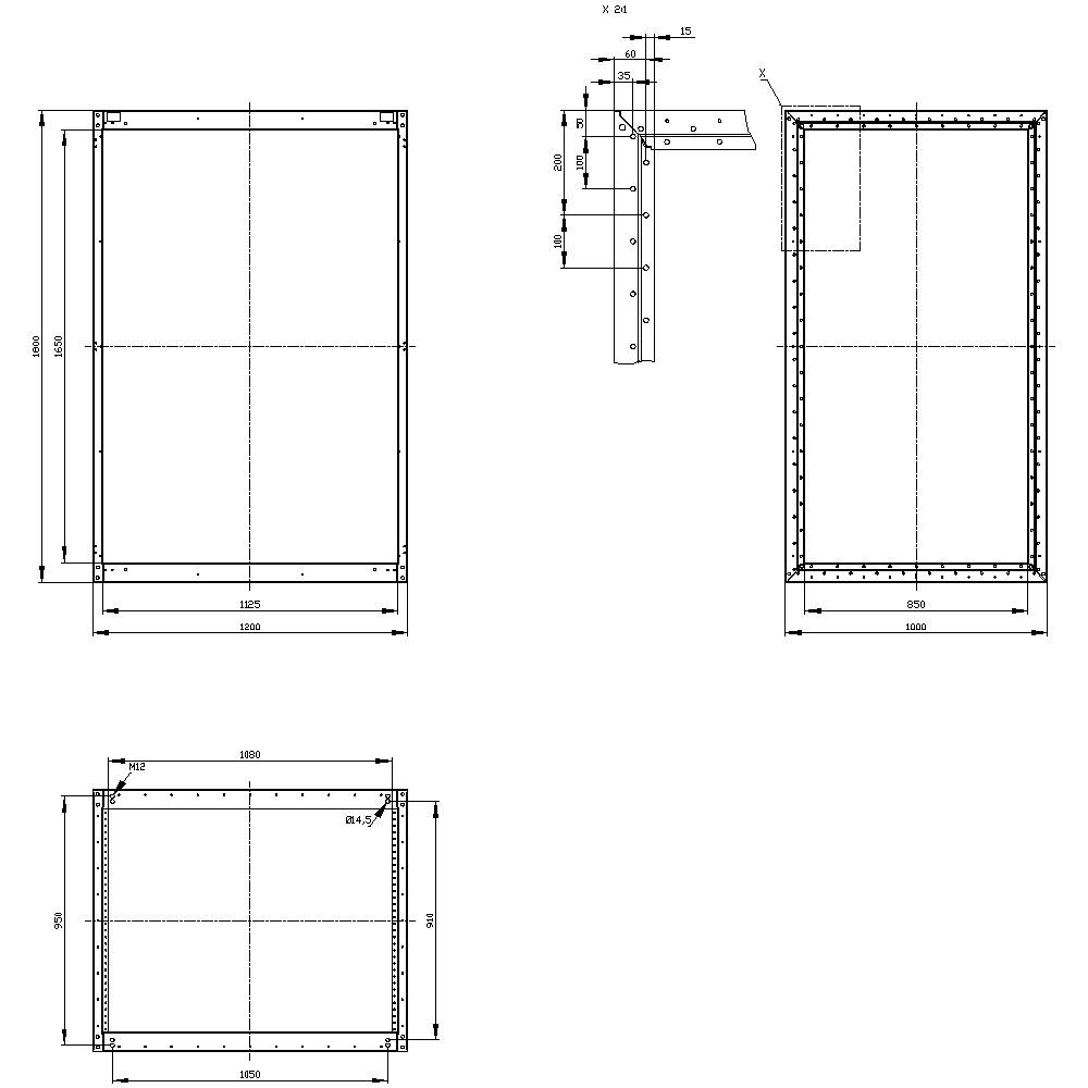 Technical drawing of a rectangular enclosure with detailed dimensional specifications in millimetres, viewed from three sides.