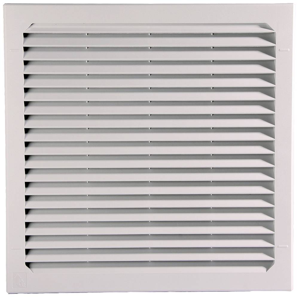 A square ventilation grille, white, with horizontal louvres. Suitable for ventilating interior spaces.