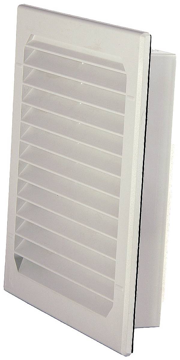 White plastic ventilation grilles, slightly angled to the side, with horizontal louvres for air circulation in interior spaces.