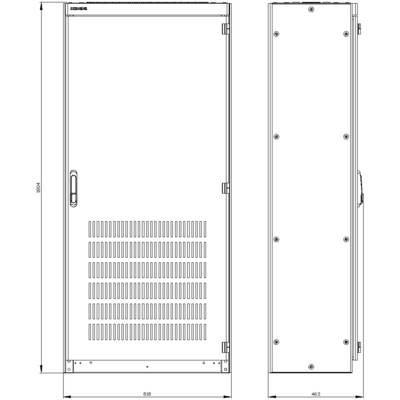 'Technical drawing of a rectangular metal enclosure with a door, ventilation slots and dimensional specifications. Dimensions: Height 1834 mm, Width 618 mm, Depth 463 mm.'