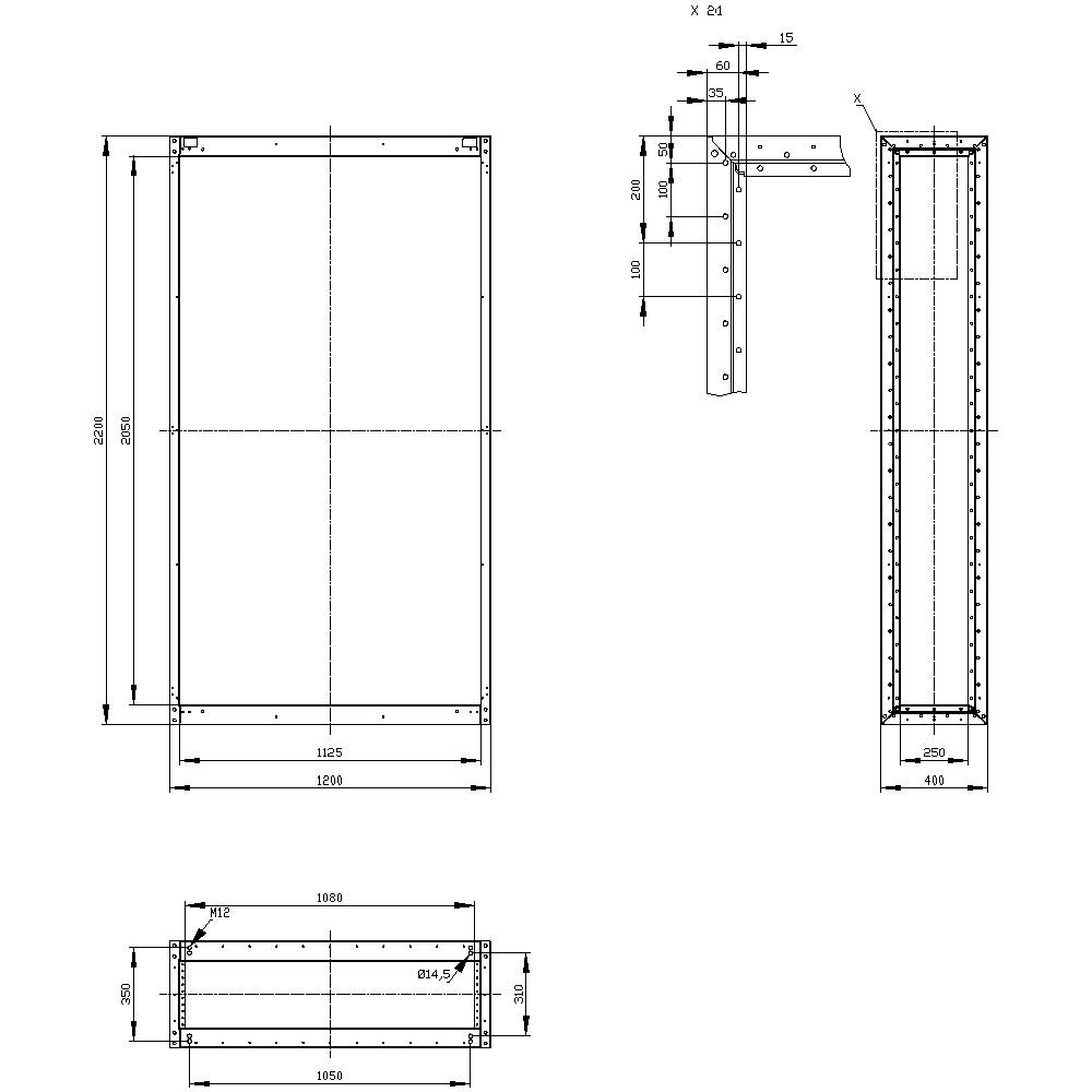 Technical drawing of a rectangular metal frame with precise dimensions and front, side, and top views.