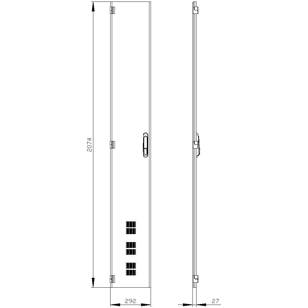 Technical drawing of two views of a door. Left is a front view with dimensions: height 2074 mm and width 292 mm, right is a side view.