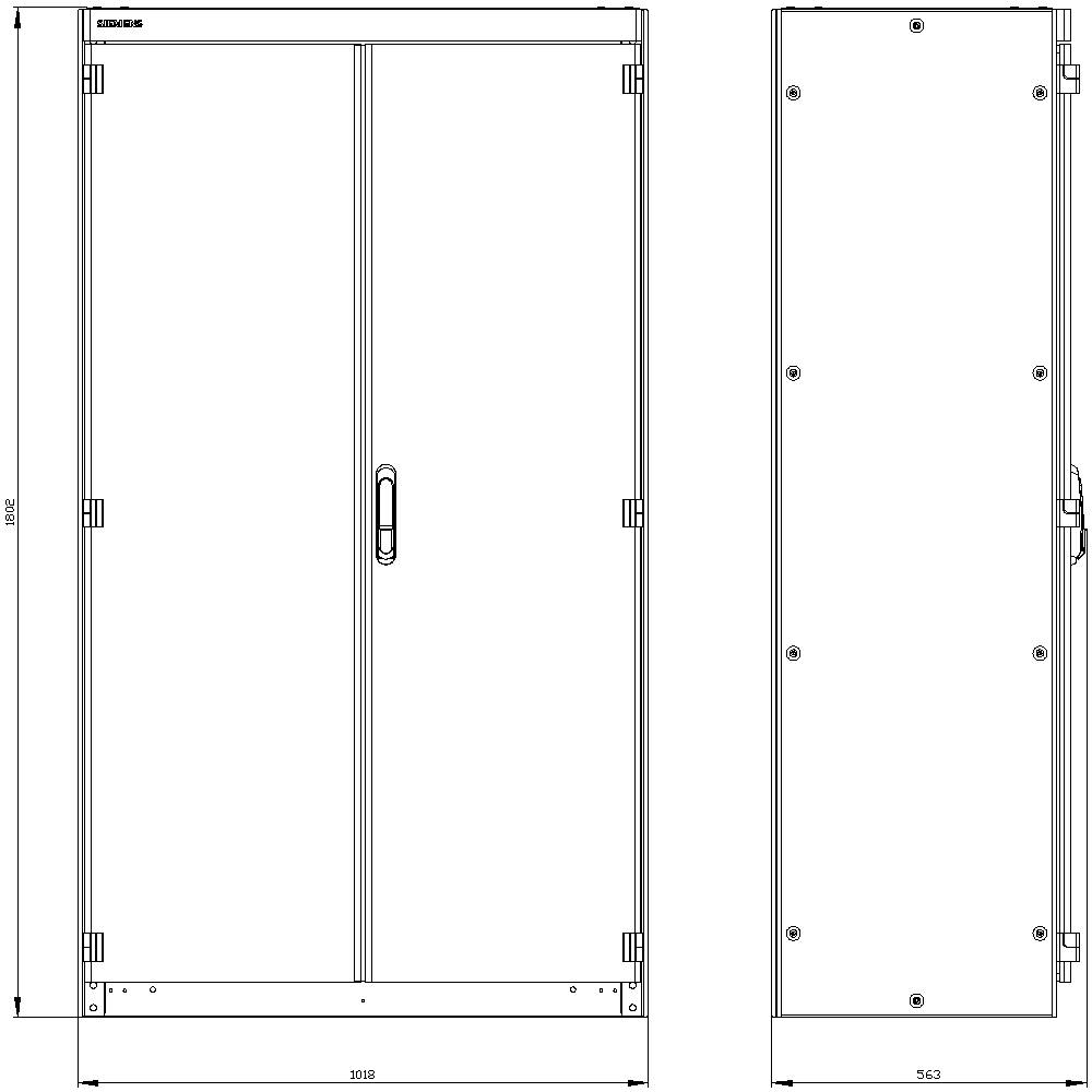 A technical drawing depicts a metal door with dimensions: width 1098 mm, height 2002 mm, depth 543 mm. Door handles and hinges visible.