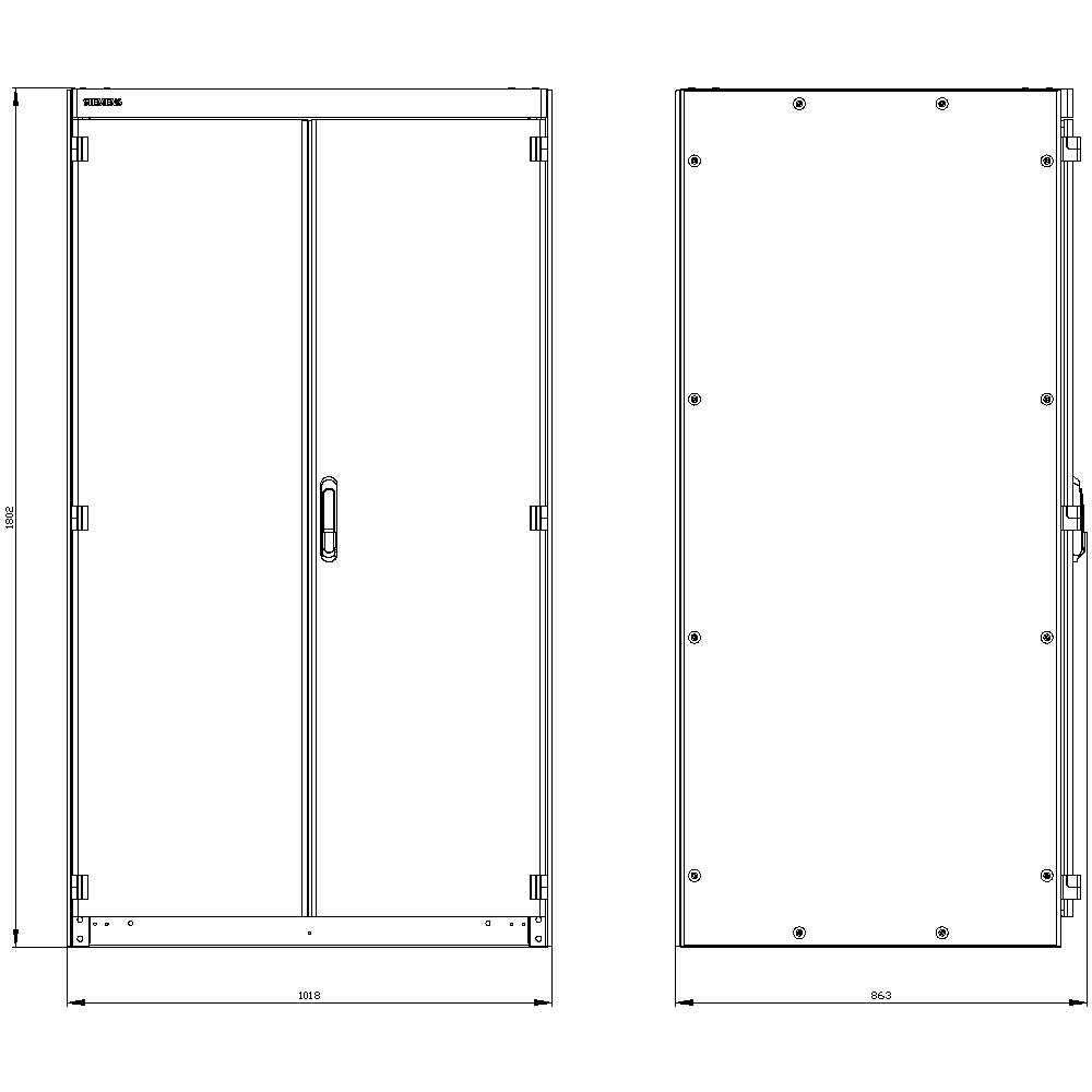 'Technical drawing of a cupboard: Front view shows double doors with handle, side view without visible details. Dimensions are indicated.'
