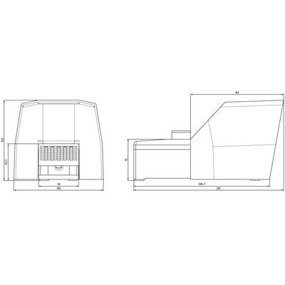 Technical drawing of a device with two views: front and side. Dimensions and shape are depicted in detail.