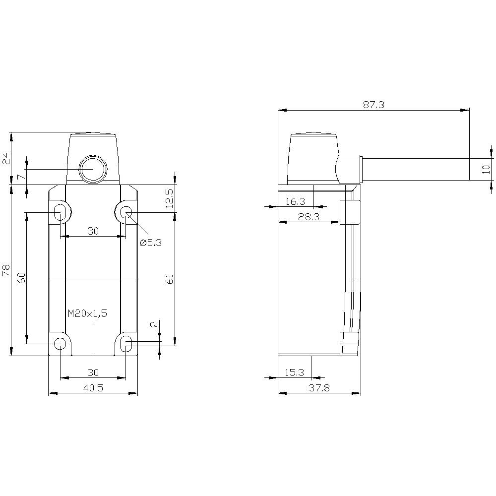 Technical drawing of a mechanical component with dimensions. Front and side views show the measurements and detailed views of the part.