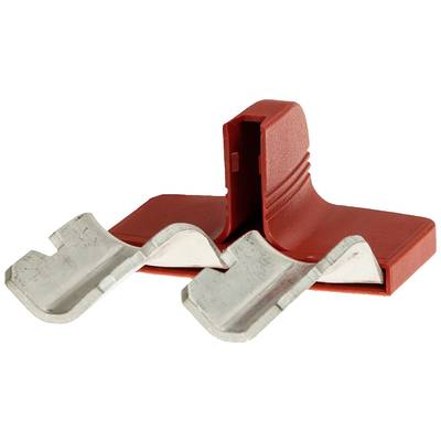 A red plastic and metal T-shaped component, commonly used in construction or installation work.