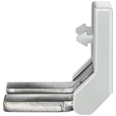 Silver L-shaped object with plastic mounting and protruding metal clips, presumably for securing materials.