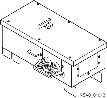 A technical diagram of a rectangular box with a lid, screws, and a lever handle. Front view shows two gear wheels.