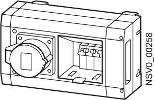 Technical sketch of an electrical device with a circular connection on the left and four slots on the right, labelled 'NSV0_00258'.