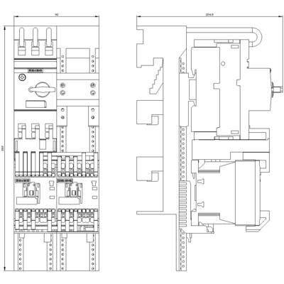 Technical drawing of an electrical junction box with labels and dimensions. Shows interior view with components and circuits.