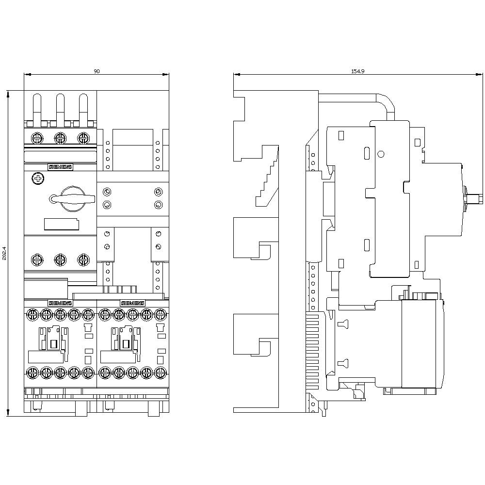 Technical drawing of an electrical switch with front and side views, showing detailed dimensions and internal components.