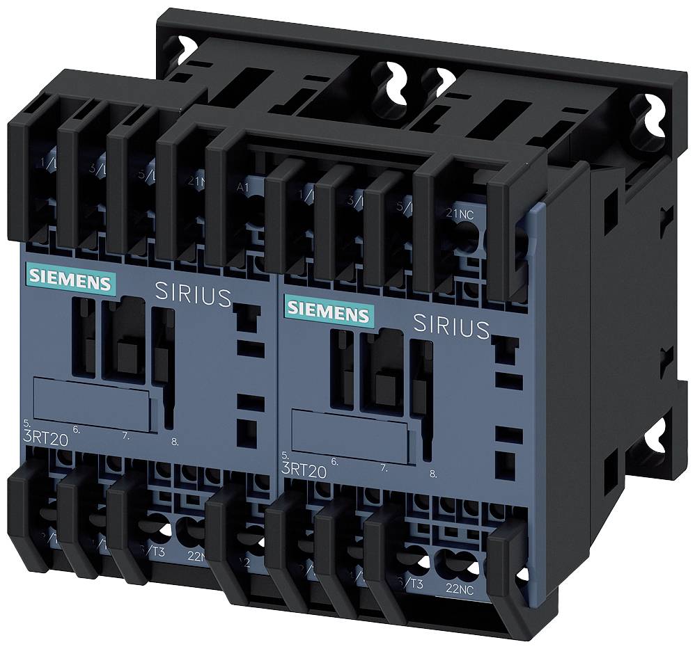 Two black Siemens SIRIUS contactors mounted in a row. They are used for control purposes in electrical installations.