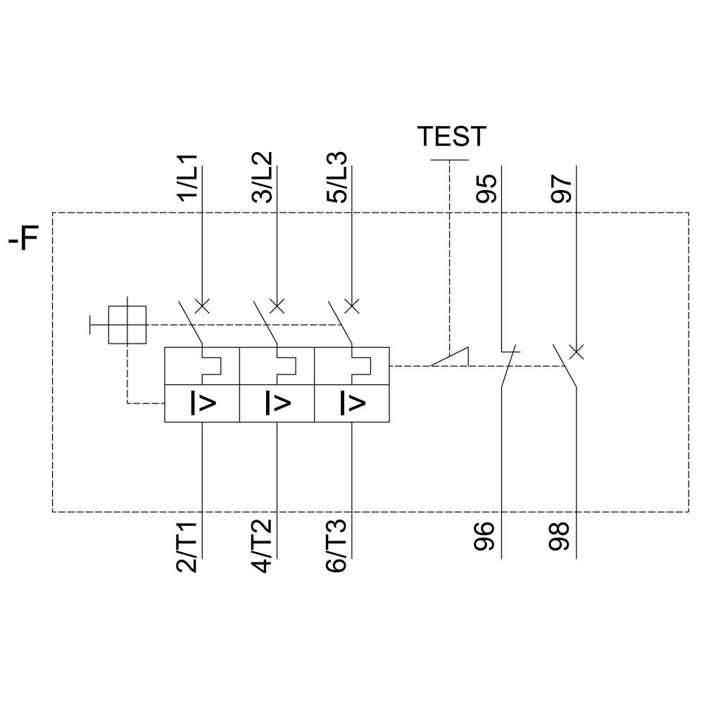 Circuit diagram with three relays and test function. Markings: 1/L1, 3/L2, 5/L3; 2/T1, 4/T2, 6/T3; TEST, 95, 96, 97, 98.
