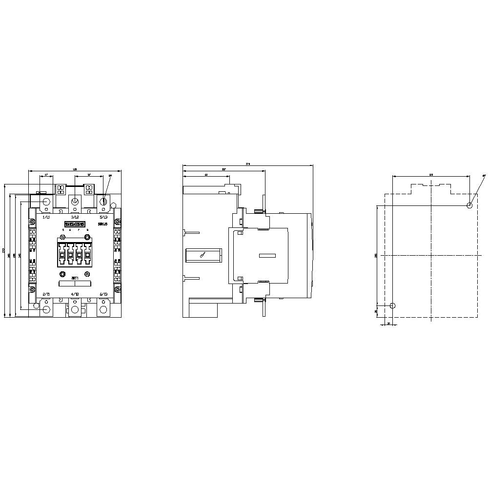 Technical drawing of a protection module in three-sided view, showing detailed dimensions and connection terminals.