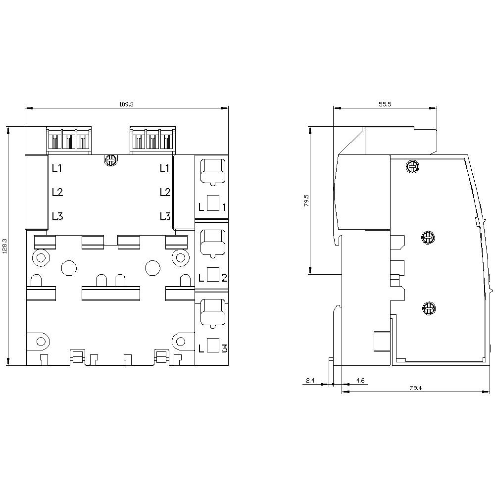 Technical drawing of an electrical switchgear with front and side view, dimensions in millimetres, terminals L1, L2, L3 marked.