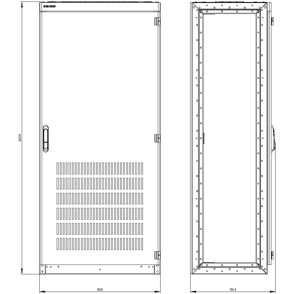 Drawing of a server rack with front and side view. Dimensions: Height 1804 mm, Width 800 mm, Depth 963 mm. With ventilation slots.