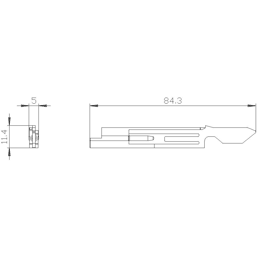 Technical drawing of a metal part with dimensions: 84.3 mm length, 11.4 mm height and 5 mm width, shown in side view.