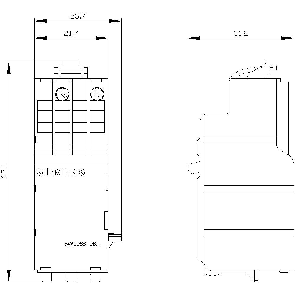 Technical drawing of a Siemens switch with two views. Shows dimensions in millimetres: width 25.7, 21.7; height 65.1; depth 31.2.
