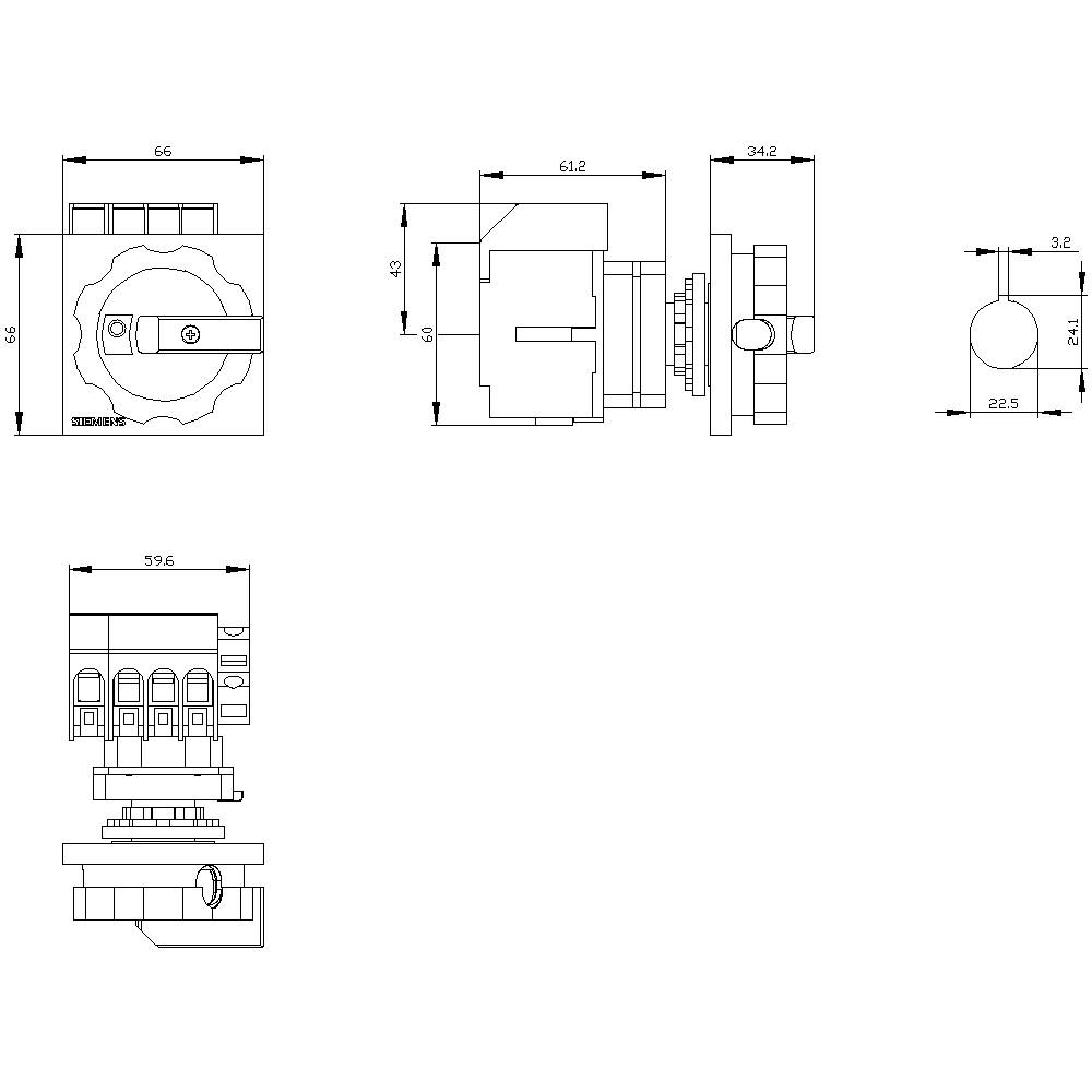 Technical drawing of an electrical switch with dimensions in millimetres. Multiple views show front, side, and top perspectives.