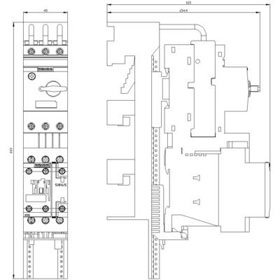 Technical drawing of an electrical contactor module with dimensions and connections, with component arrangement shown in cross-section.