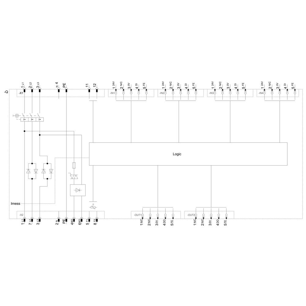 Circuit diagram of an electronic component with inputs on the left, logic block in the centre, and outputs on the right. Connections show the signal paths.