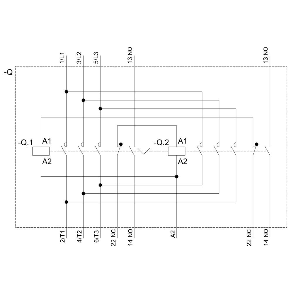 Circuit diagram of an electrical switching system with multiple conductors and contacts. Operational markings 'Q1', 'Q2', 'A1', 'A2' visible.