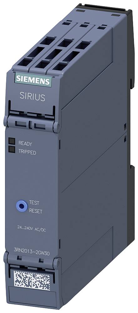 Industrial device by Siemens, SIRIUS model, with LED indicators 'READY' and 'TRIPPED', buttons 'TEST' and 'RESET', and QR code.