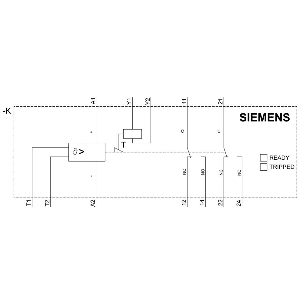 'Circuit diagram of a Siemens contactor with two states: "READY" and "TRIPPED". Shows connections, labels, and button positions.'