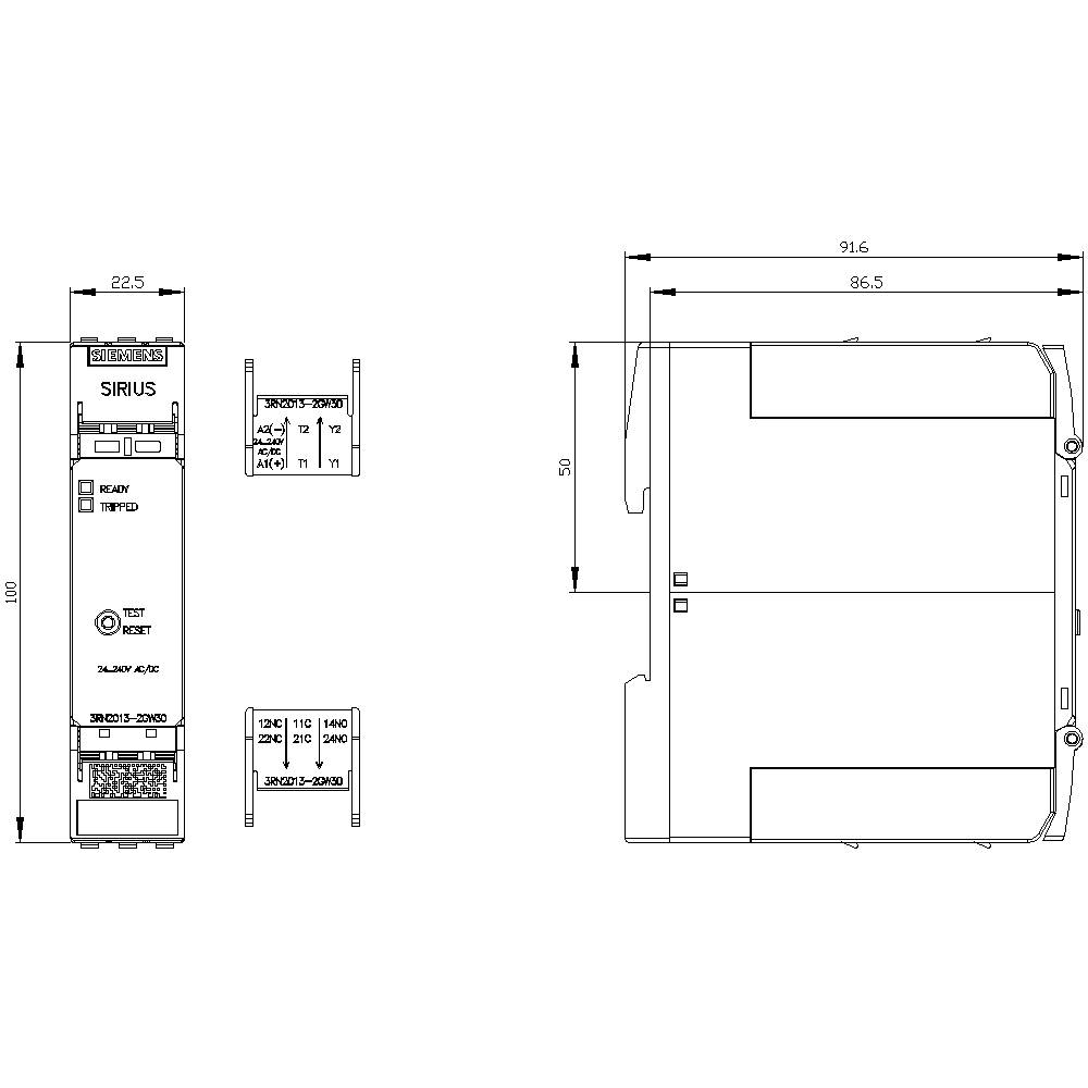 Technical drawing of an electrical switching device with front and side views. Dimensions and connections are noted.