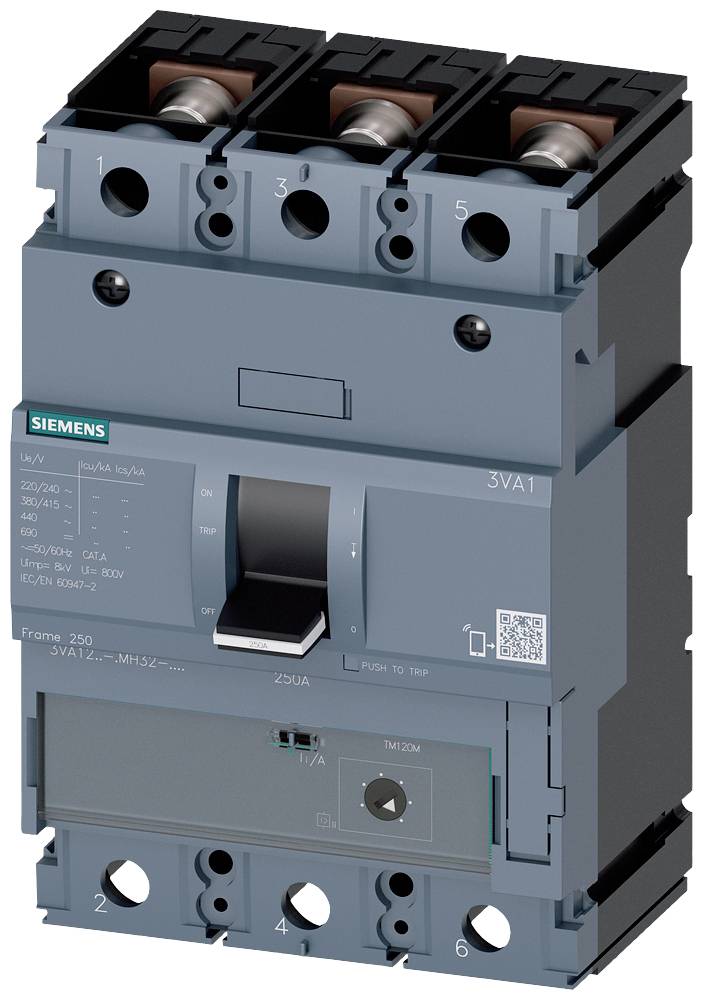 A Siemens electrical protective switch, Model 3VA1, with three terminals and a large toggle switch for switching electrical circuits.