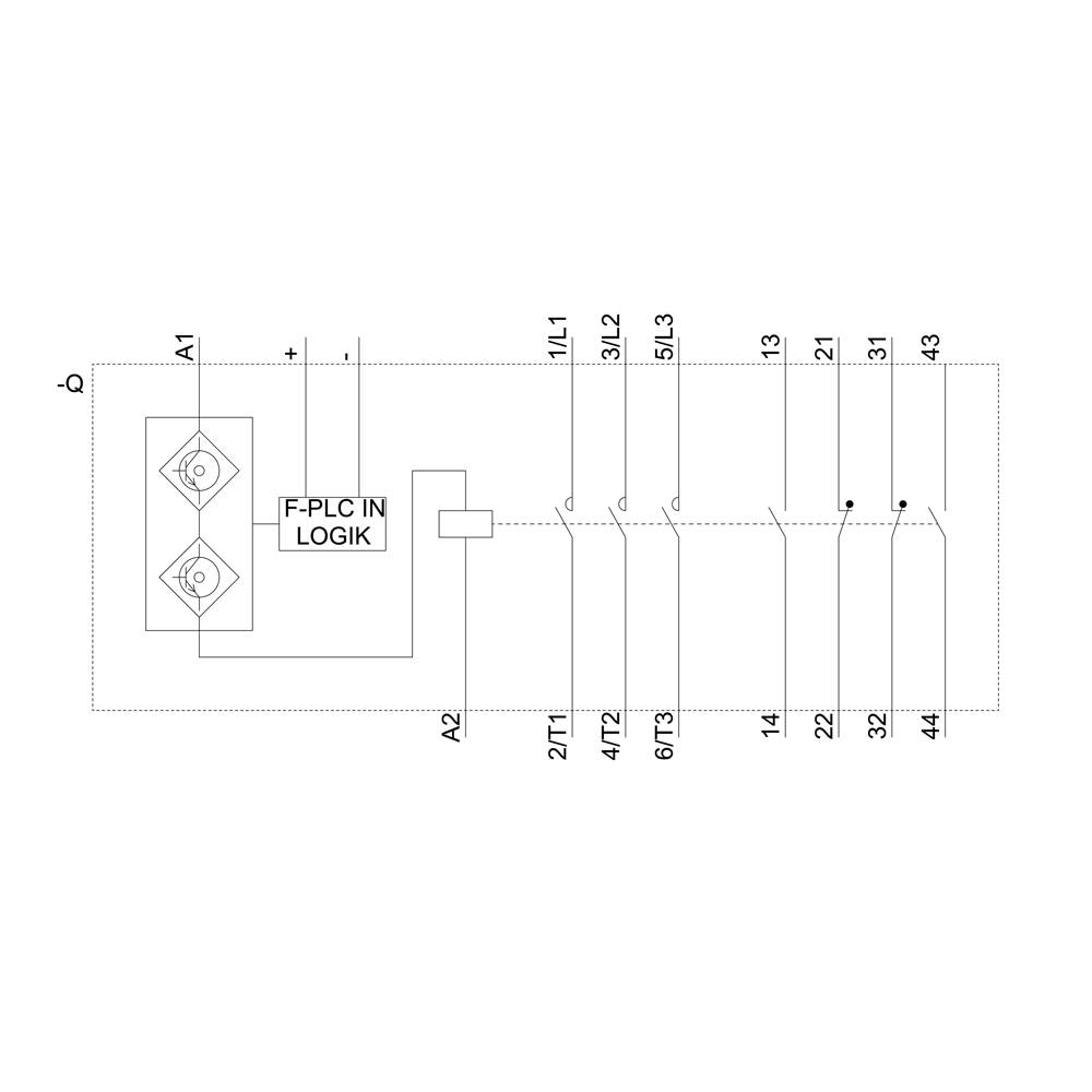 Circuit diagram of an F-PLC circuit with logic module, multiple connections and terminal blocks A1, A2, 1/L1 to 4/L3, 13, 14, 21, 22, 31, 32, 41, 42, 43, 44.