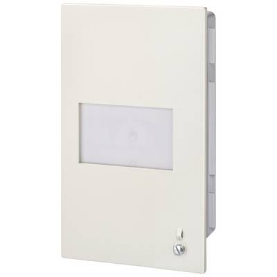 A rectangular, cream-coloured fuse box with a viewing window and a key lock on the front.