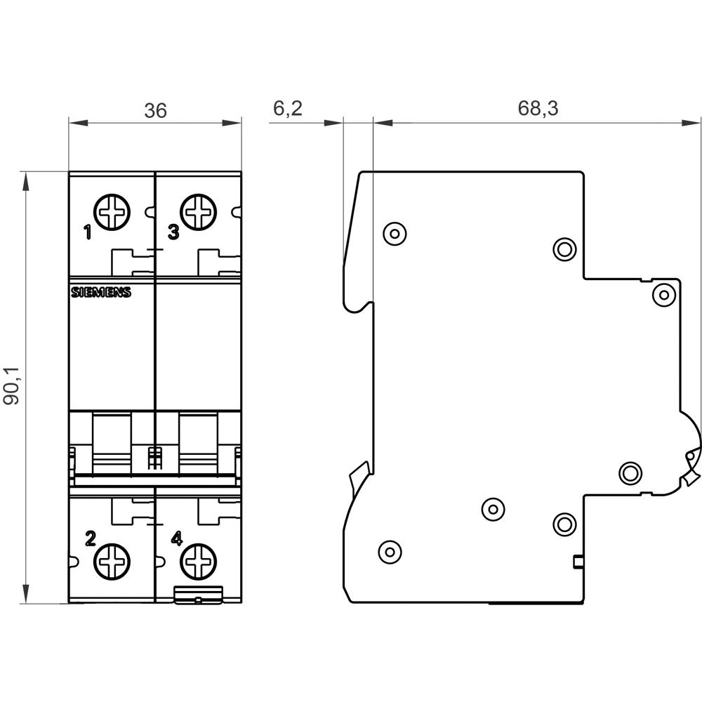 Circuit diagram of a two-pole circuit breaker with dimensions: 90.1 mm height, 36 mm width, 68.3 mm depth.
