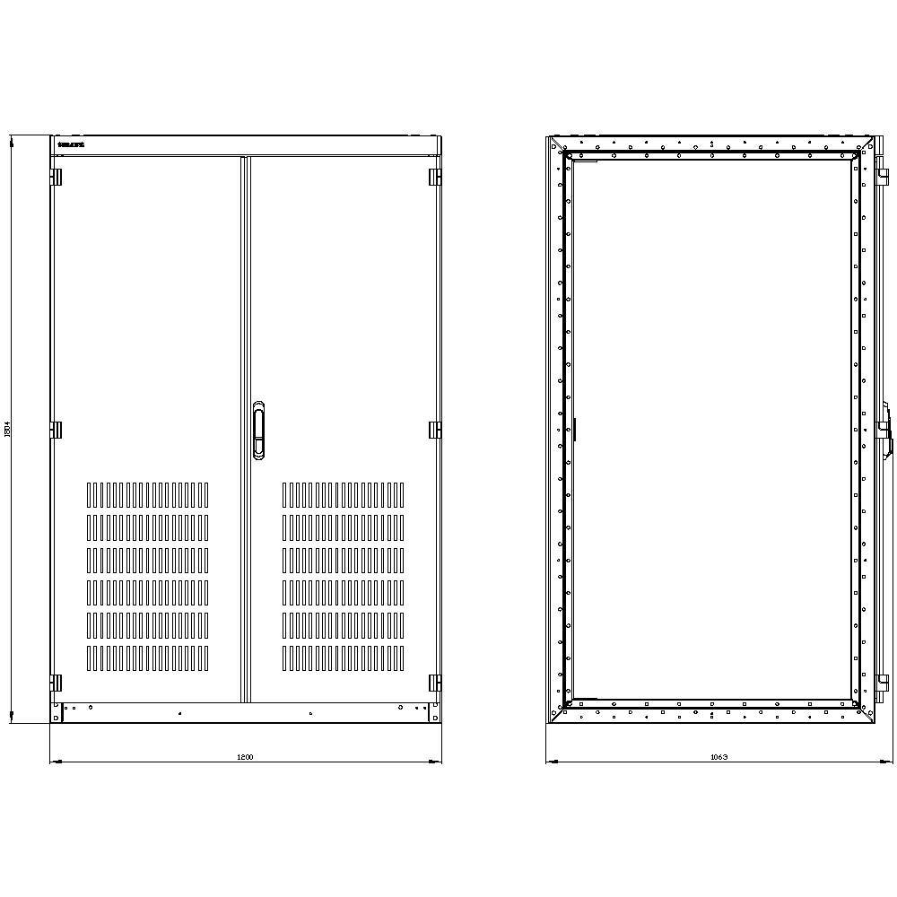 'Technical drawing of a rectangular cabinet with front and side view. Dimensions specified, doors with ventilation slots.'
