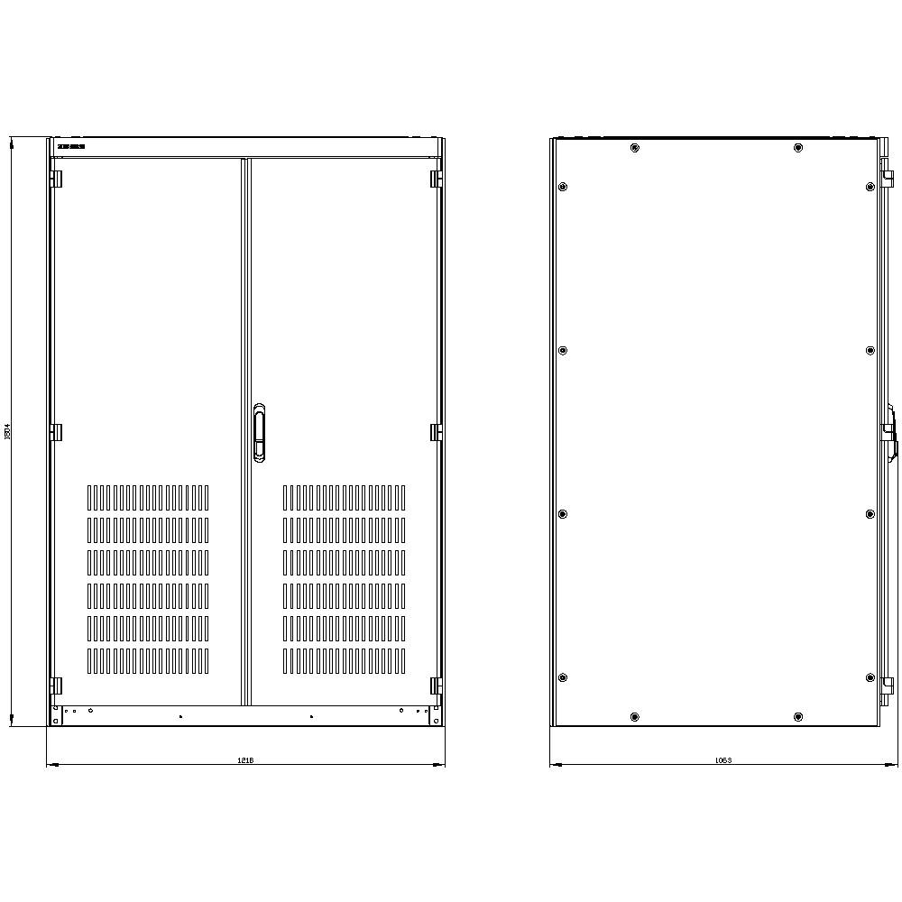 Two technical drawings of an electrical cabinet: front view on the left with ventilation grille and side view on the right. Dimensions are specified.