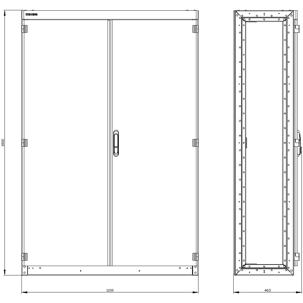 Technical drawing of a two-door wardrobe, front and side view. Dimensions: Height 2000 mm, Width 1200 mm, Depth 463 mm.