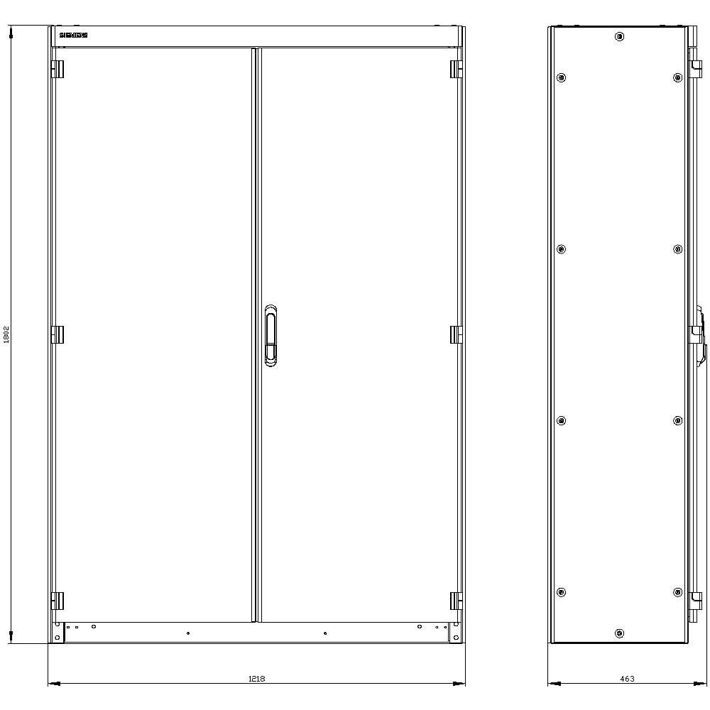 Technical drawing of a rectangular cupboard with two doors and a handle, showing front view and right side view. Dimensions indicated.