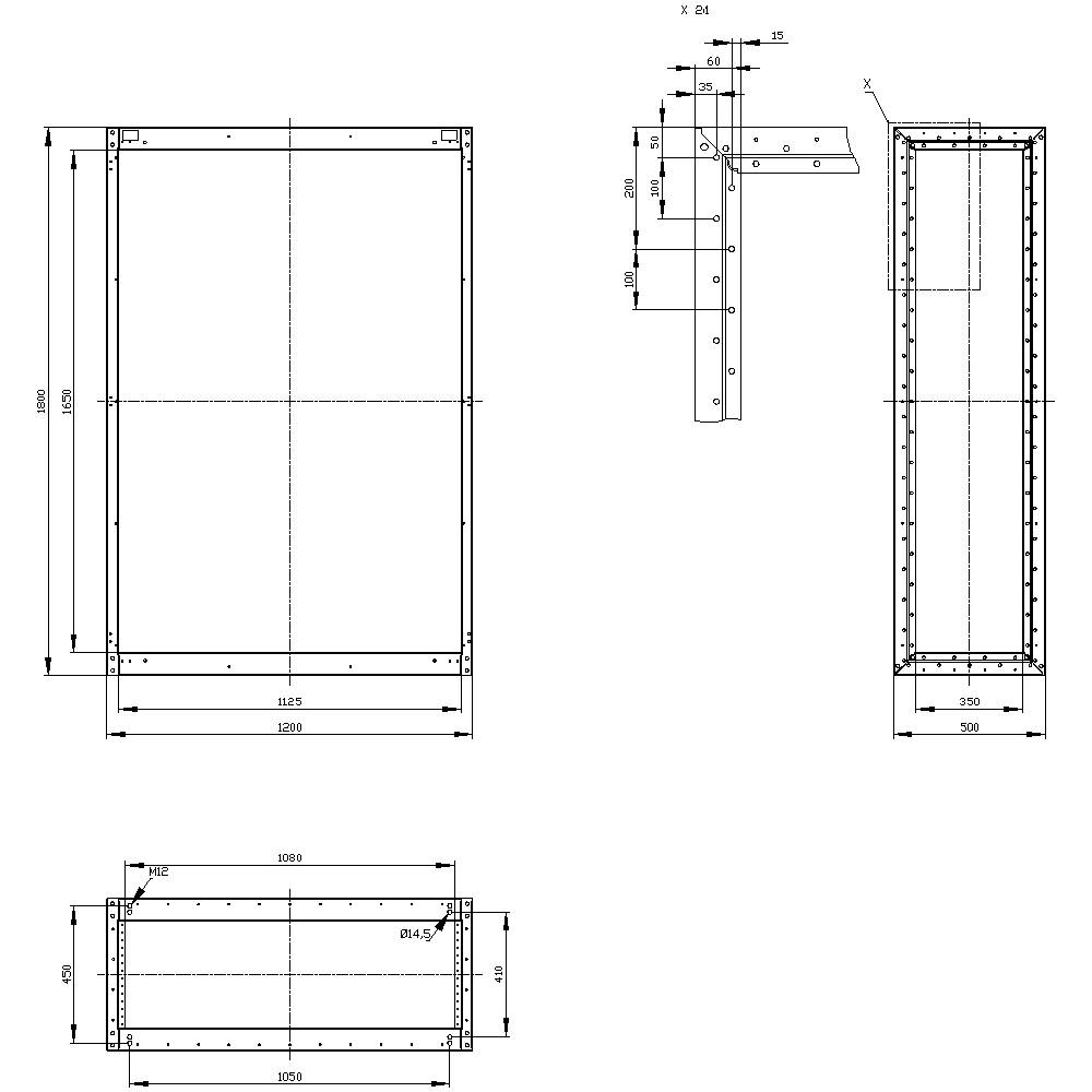 Technical drawing of a rectangular frame with detailed dimensions and front, top, and side views.