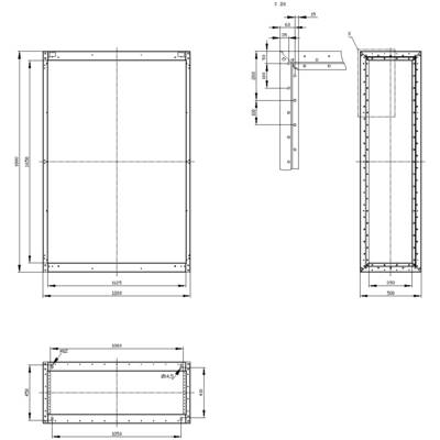 Technical drawing of a rectangular frame with dimensions and detailed views. Specification of height and width measurements.