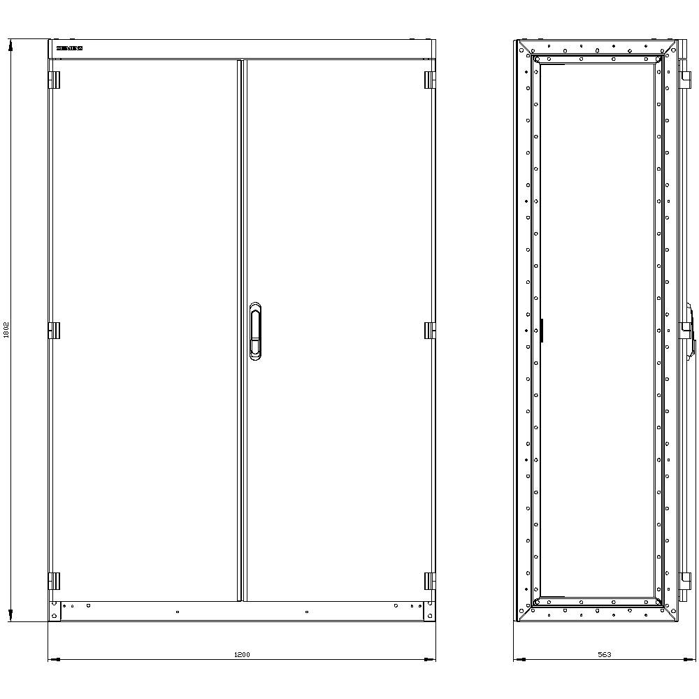 Two-leaf metal door with handle, height 2100 mm, width 1850 mm, side view shows thick framing and door thickness.