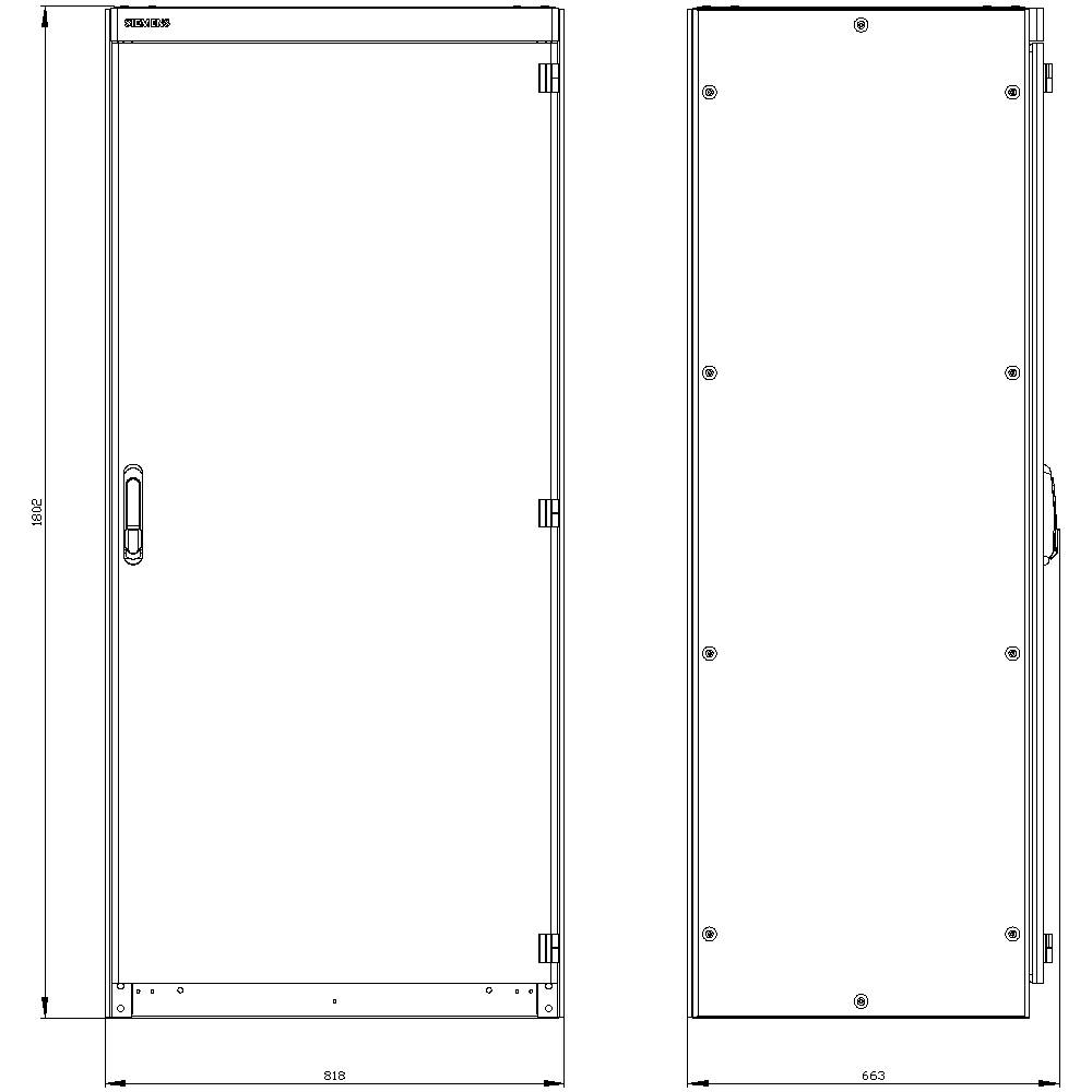 Technical drawing of a rectangular, two-winged cabinet with measurements in millimetres. Left: width 818 mm, right: width 653 mm, height 1982 mm.