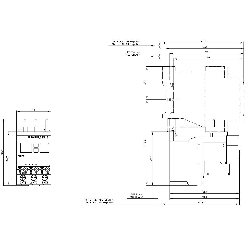 Technical drawing of an electrical component with multiple views and dimensional specifications, for detailed review and planning.