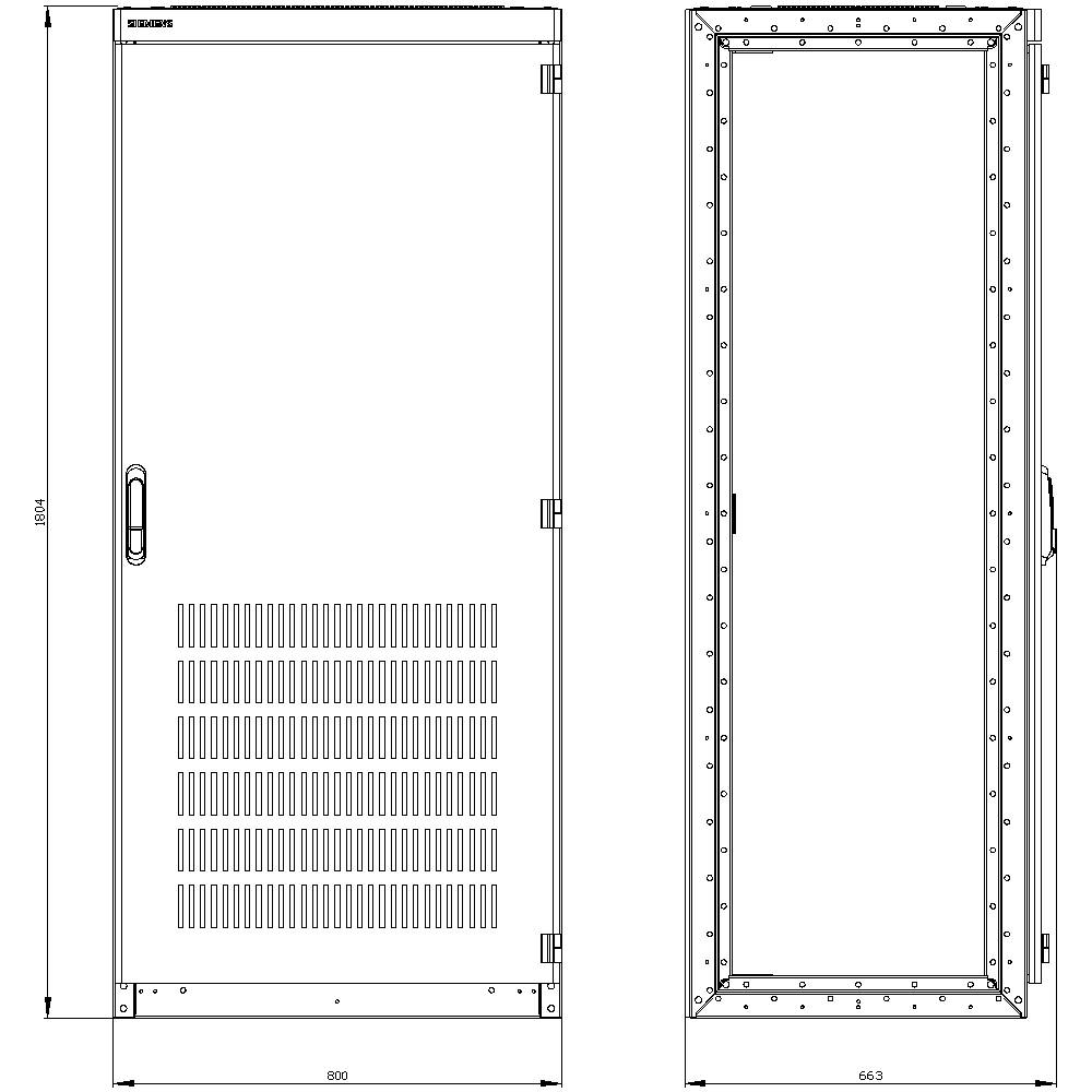 Aluminium housing, shown from the front and side, with ventilation slots and handle. Dimensions: 800 mm width, 1840 mm height, 665 mm depth.