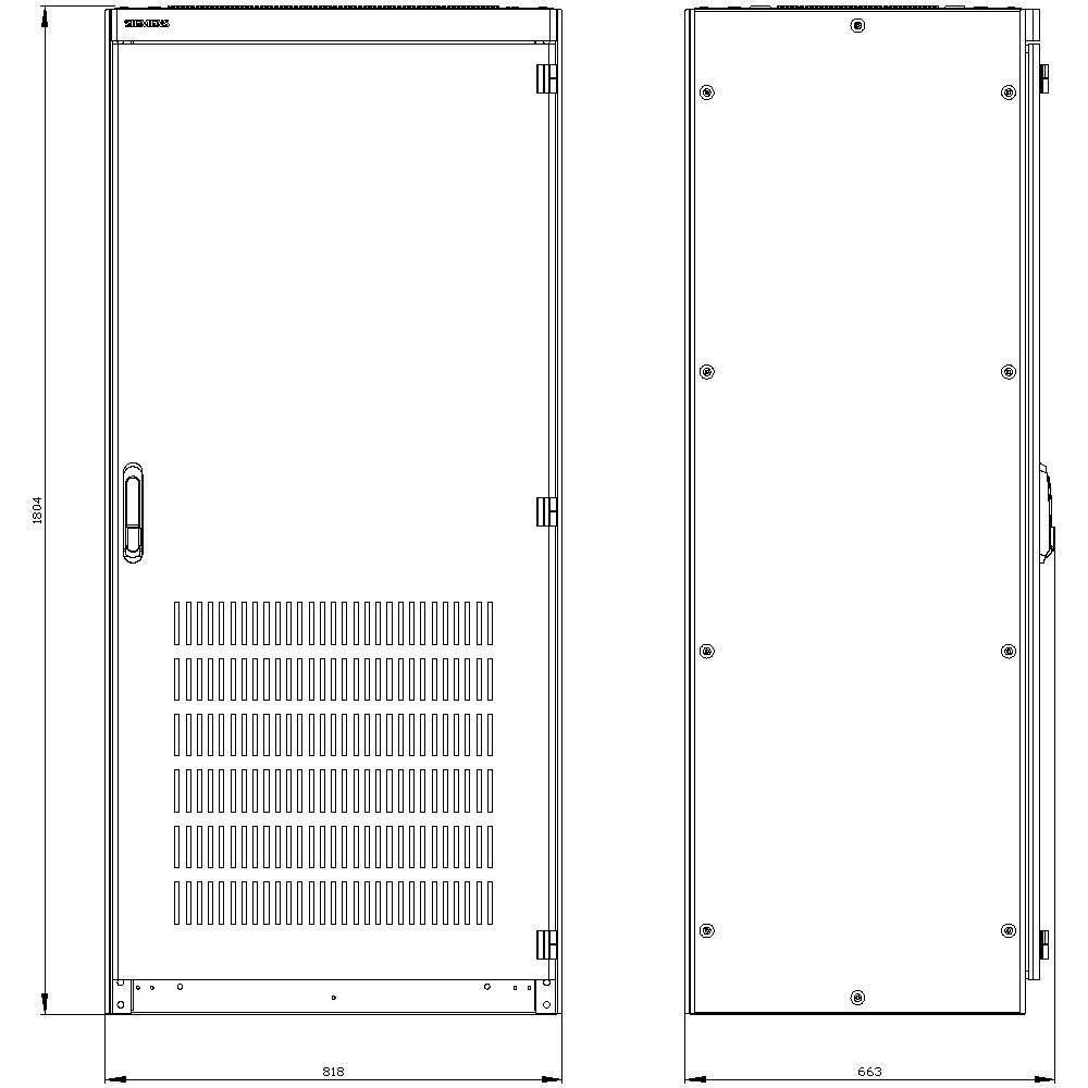 Front and side view of a rectangular metal enclosure with ventilation slots on the front. Dimensions: 1984 mm high, 818 mm wide, 663 mm deep.